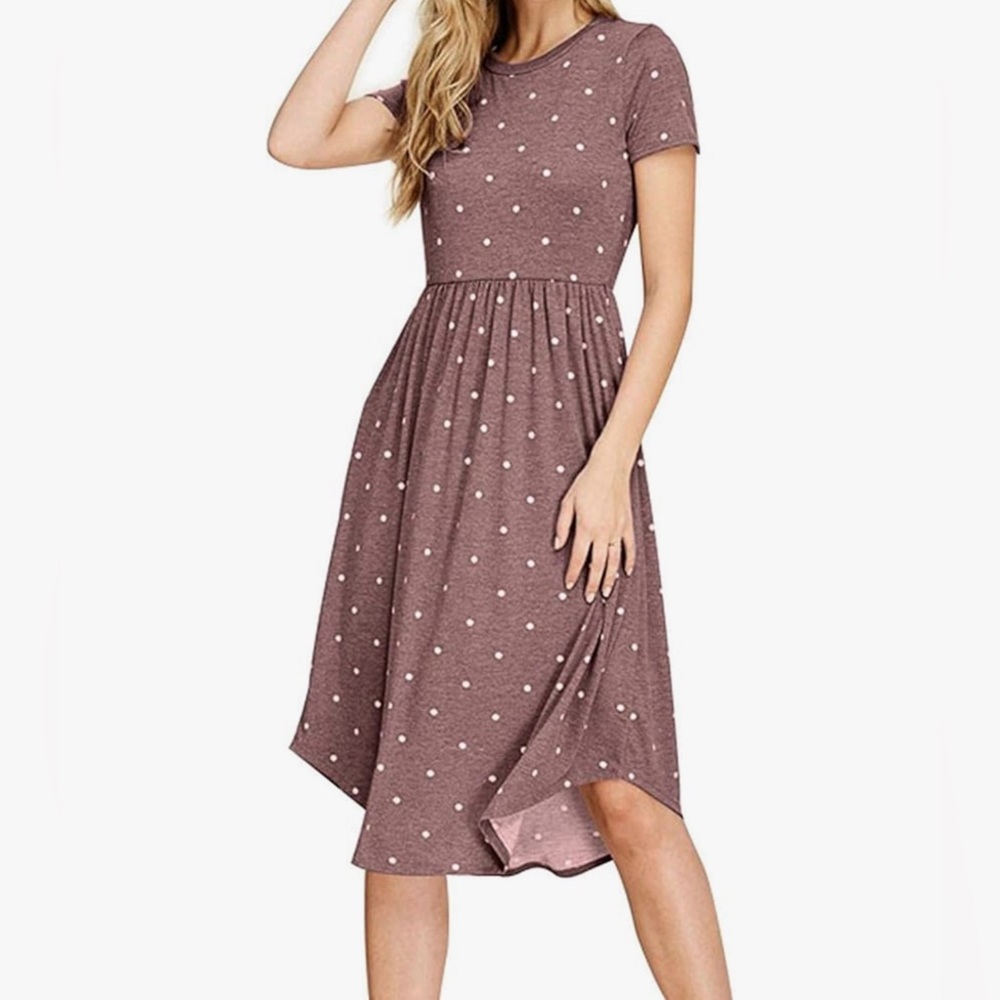 Short Sleeve Polka Dot Casual Pleated Loose Midi Dress with Pockets